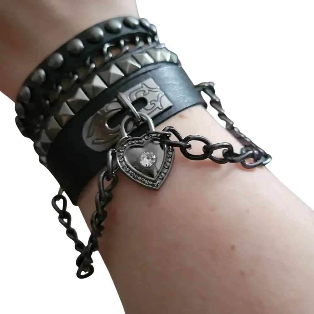 2 piece gothic studded black synthetic leather bracelet set with heart & chains